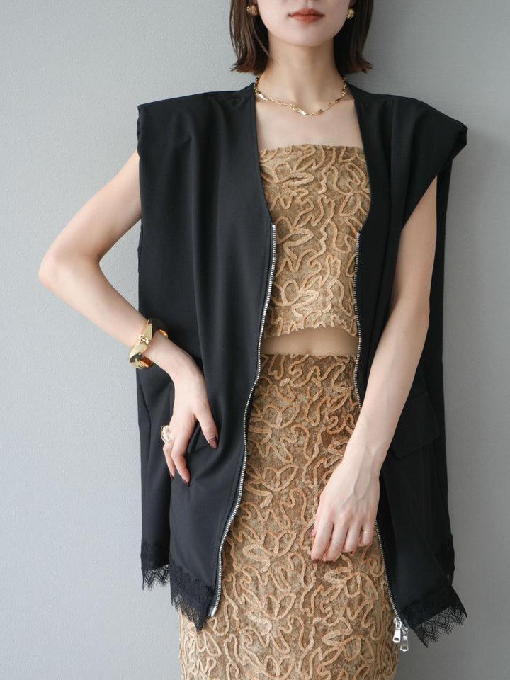 [預購] 雙拉鍊蕾絲下擺背心/黑色