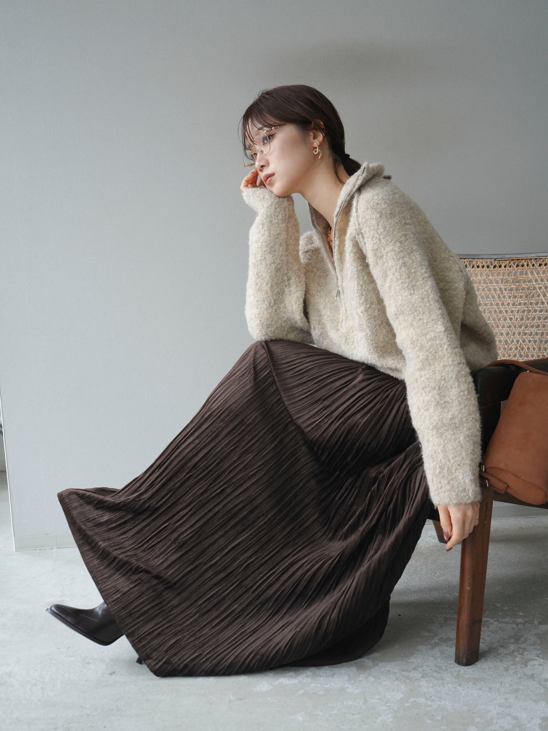 [予約]スタンドジップMIXブークレニットプルオーバー/beige