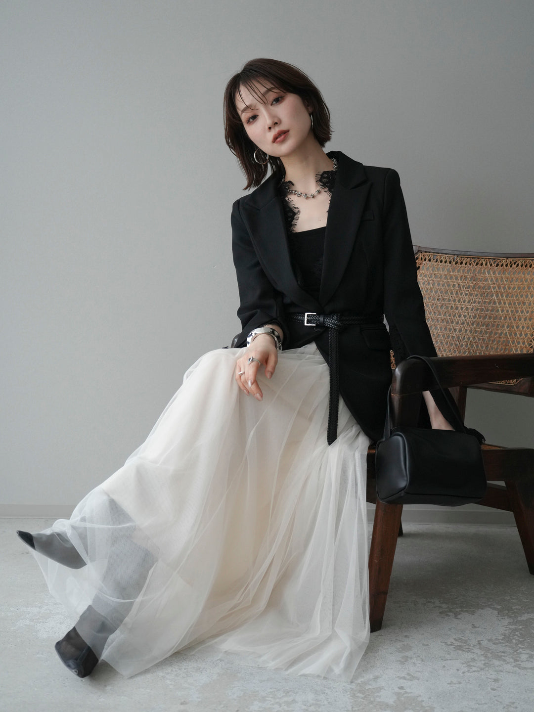 [SET]レースレイヤードスリットジャケット+チュールボリュームスカート(2set)