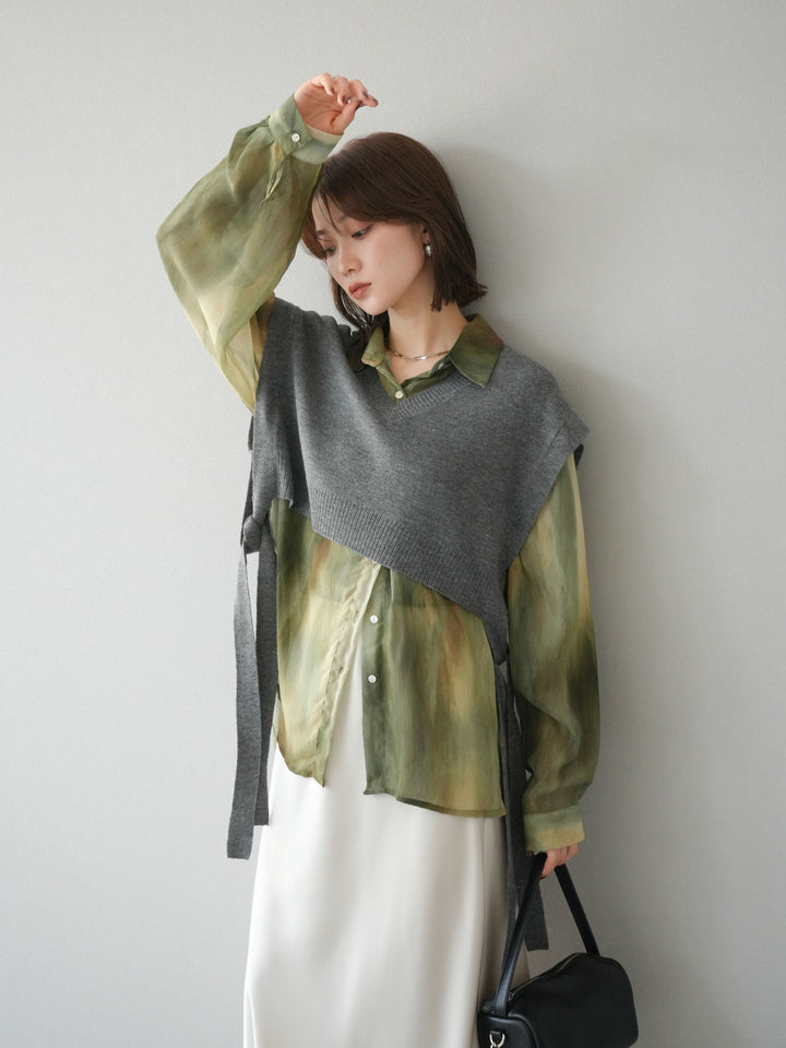 [予約]サイドリボンVネックショートニットベスト/チャコール