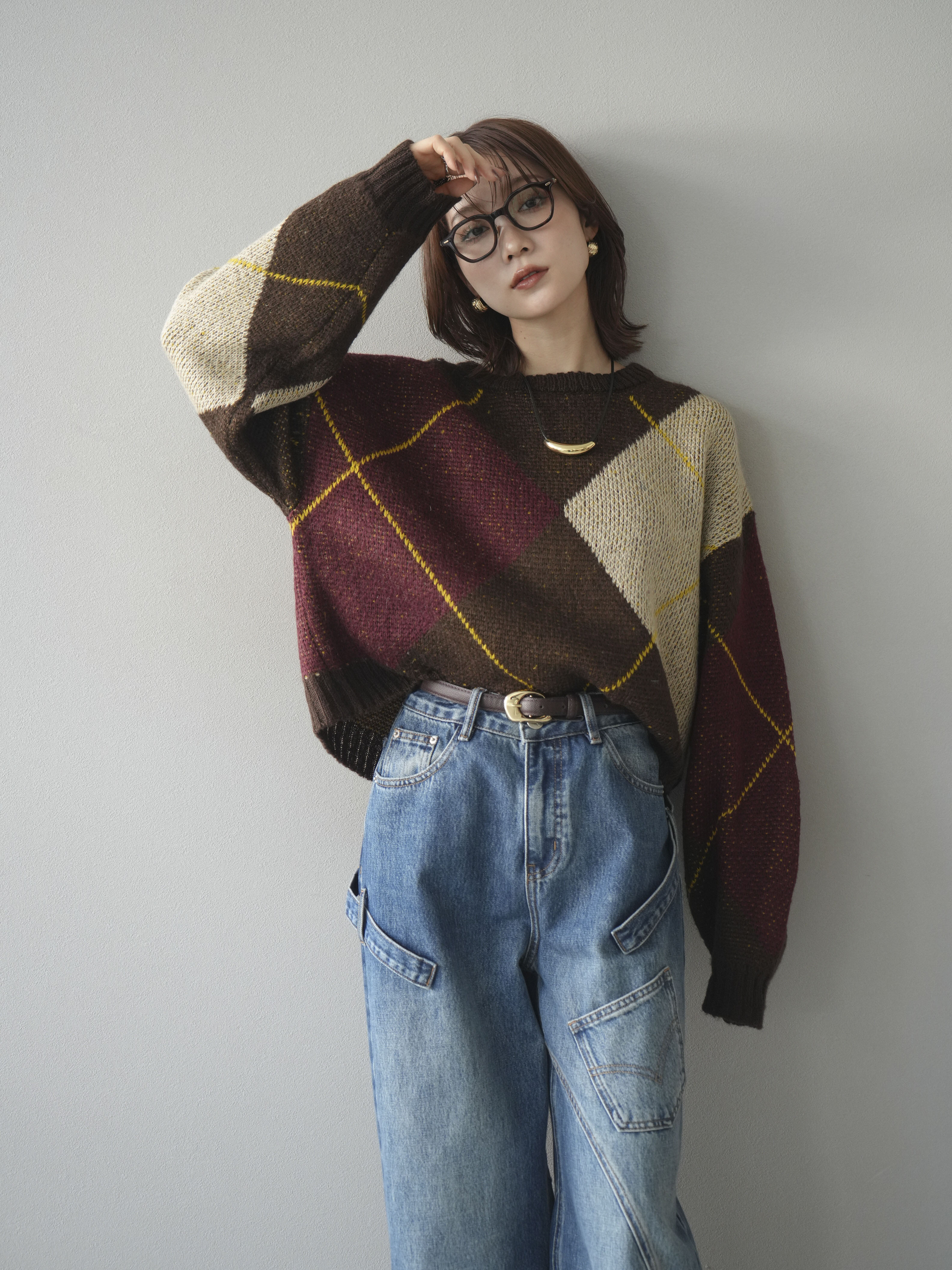 SET]配色ステッチアーガイル柄ニットプルオーバー+配色ステッチ