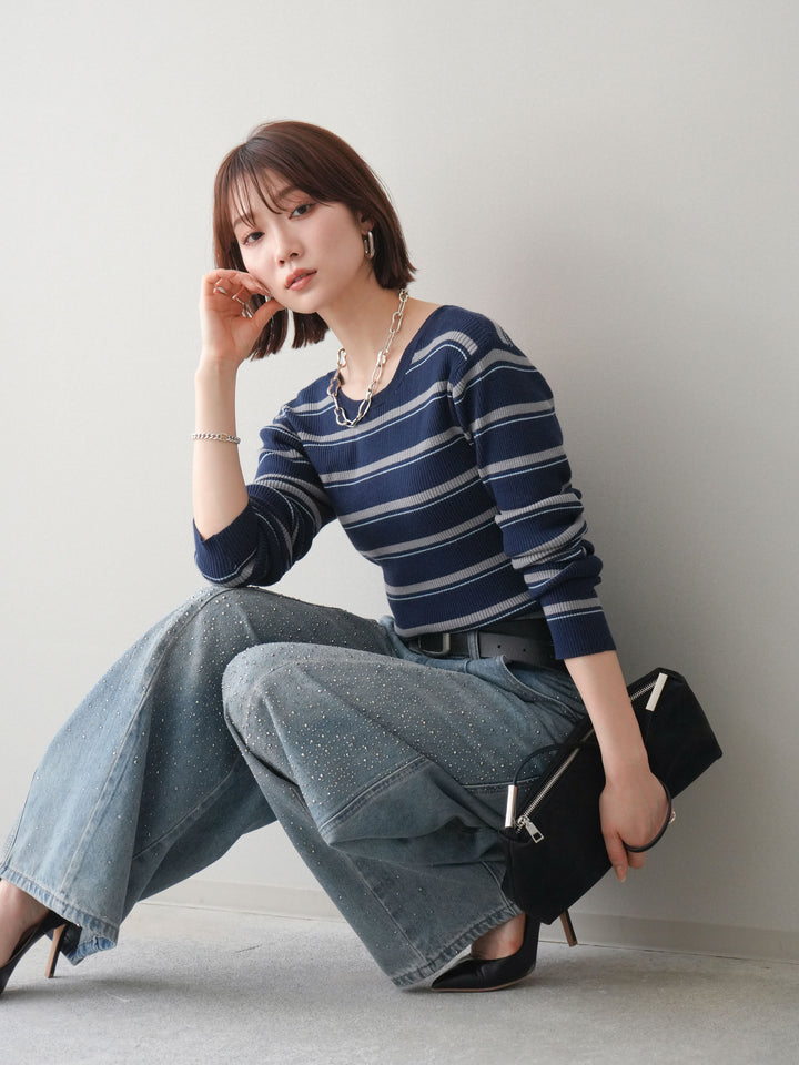 [予約]バックオープンテレコリブマルチボーダートップス/navy