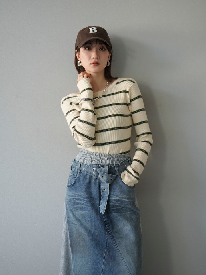 [予約]バックオープンボーダーテレコリブトップス/アイボリー