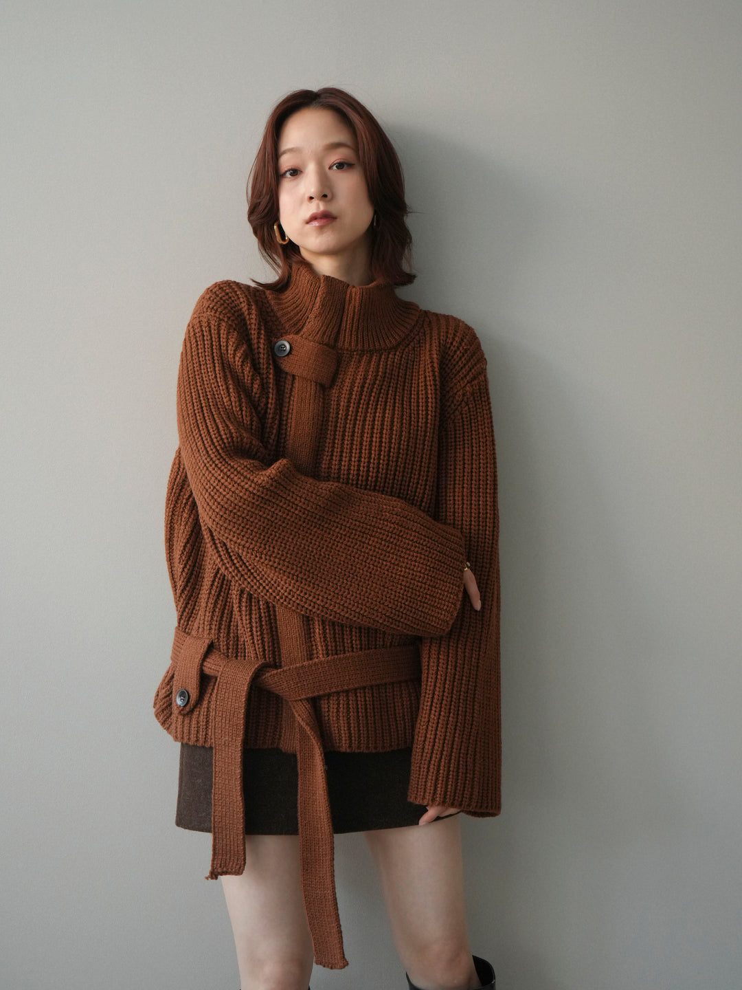 [予約]畦編みボトルネックZIPニットカーディガン/brown