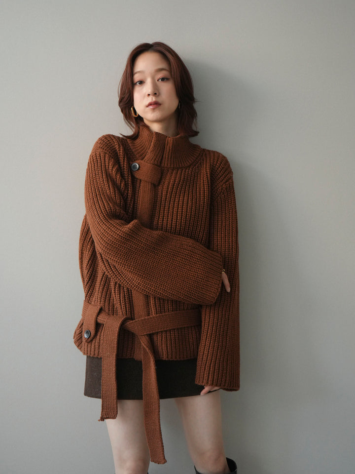 [予約]畦編みボトルネックZIPニットカーディガン/brown