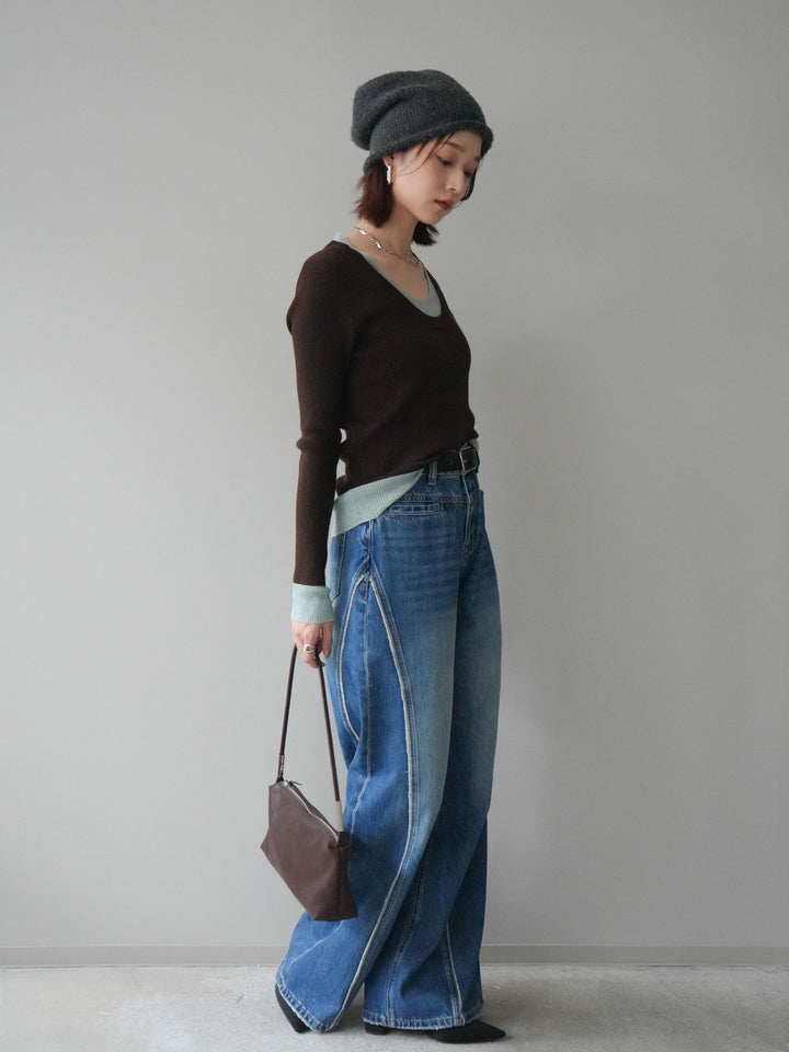 [予約]サイドフリンジワイドデニムパンツ/navy