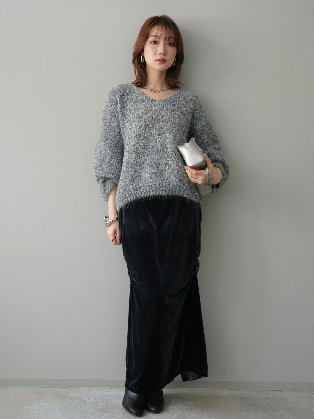 [予約]Vネックミックスヤーンニットプルオーバー/gray