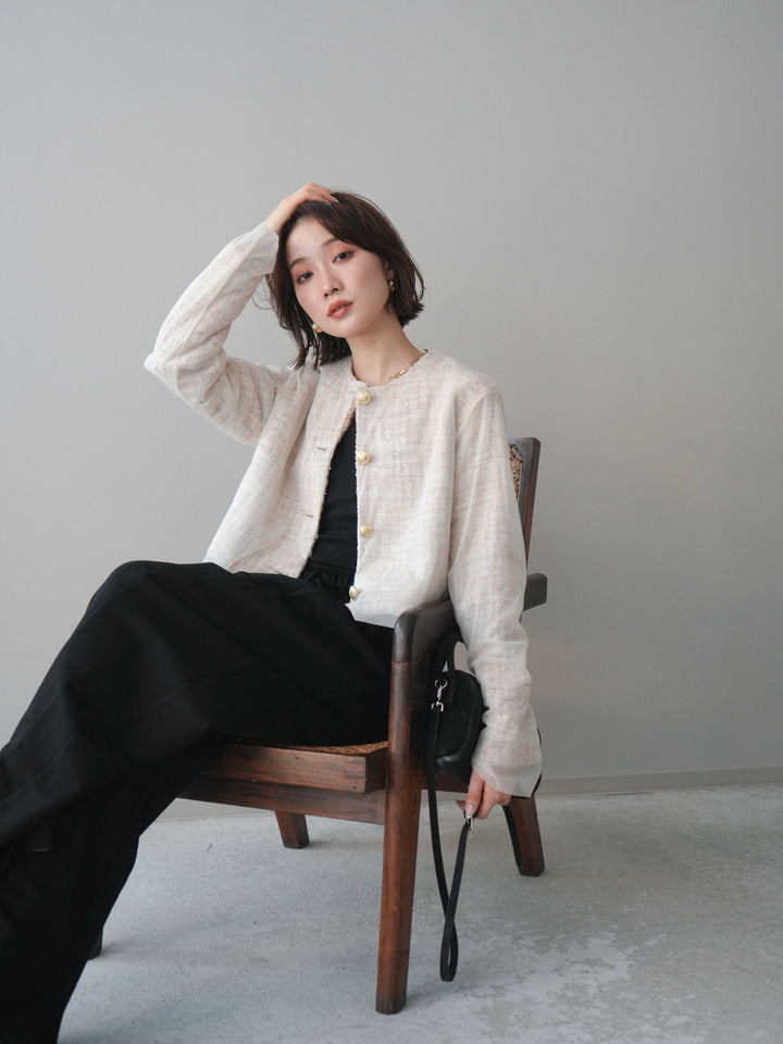 [SET]チュールレイヤードツイードクロップドジャケット+裾ZIPスエットワイドパンツ(2set)