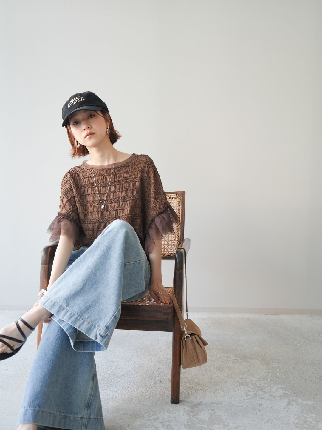 [予約]チュール袖リップルトップス/brown