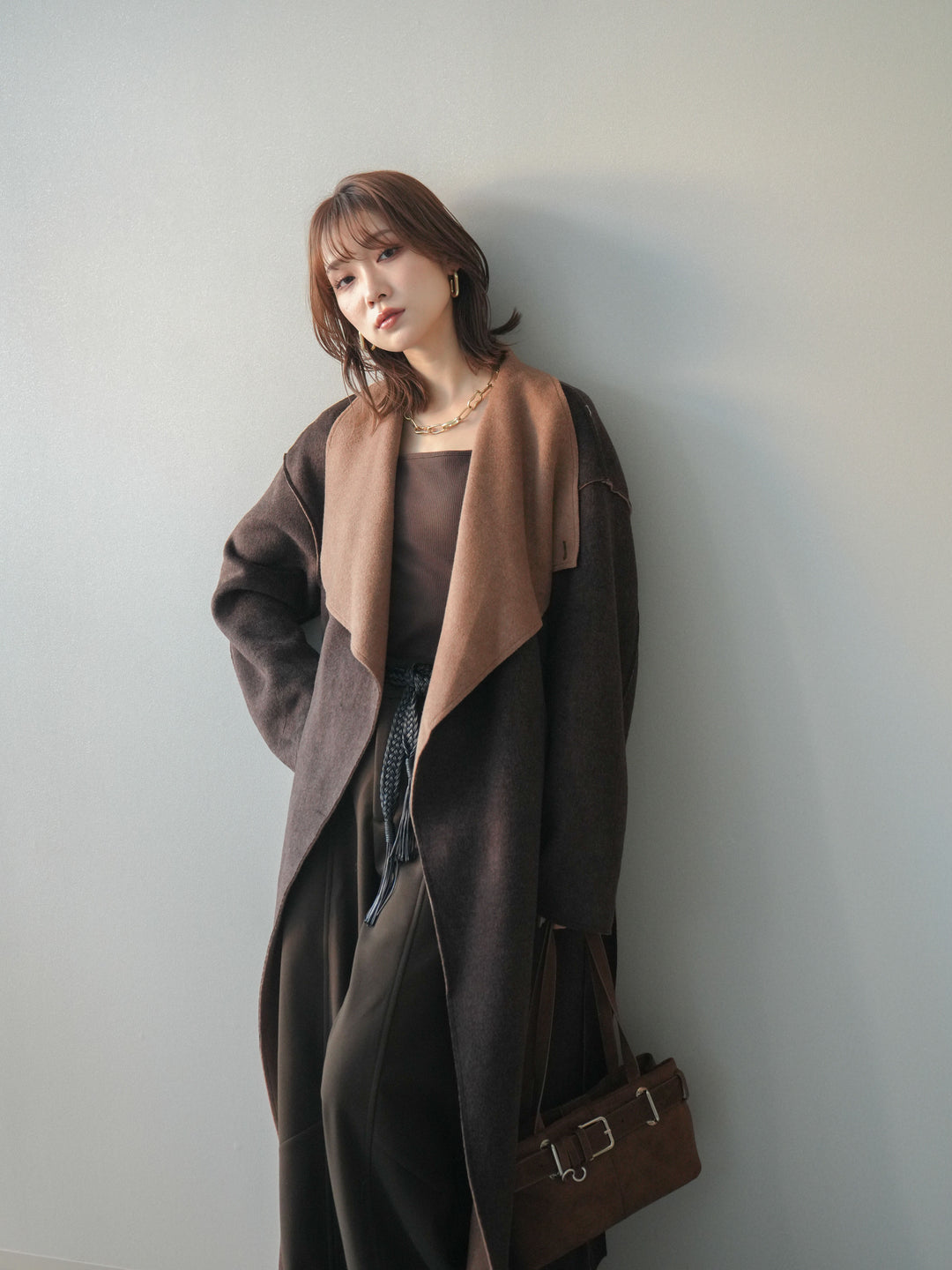 [予約]ダブルフェイスバイカラーロングコート/brown