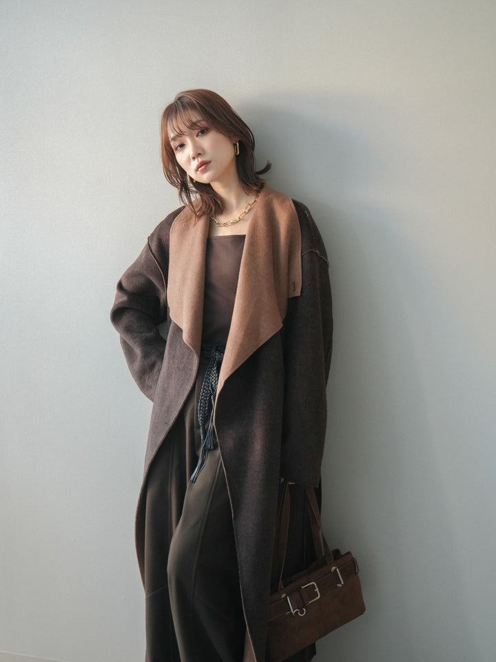 [予約]ダブルフェイスバイカラーロングコート/brown
