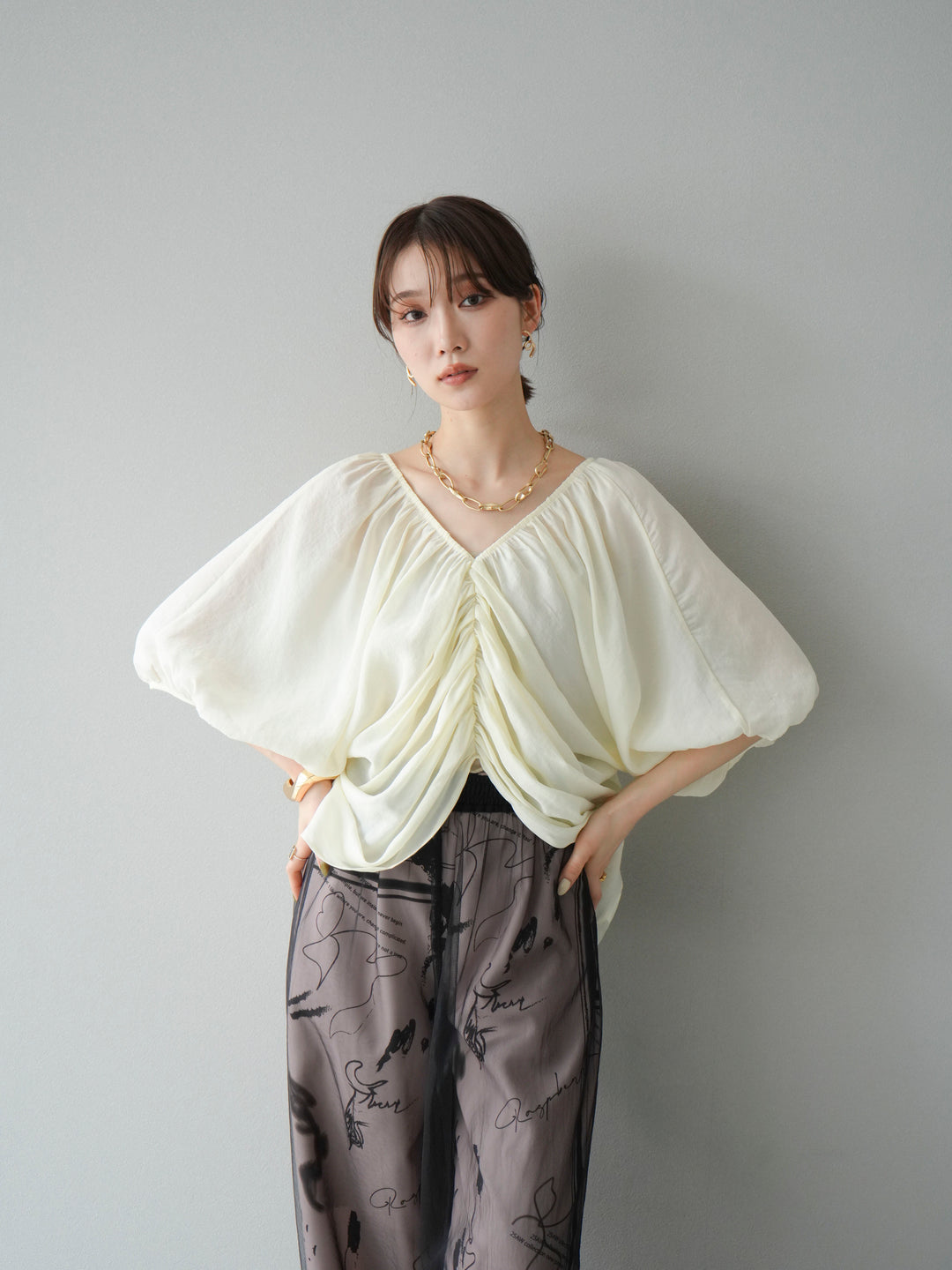 [SET]ボリュームスリーブシアータックブラウス+コード刺繍チュールレイヤードパンツ(2set)