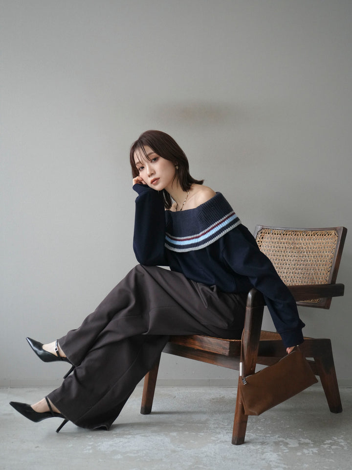 [予約]ボーダーニットオフショルダーxスウェットプルオーバー/navy