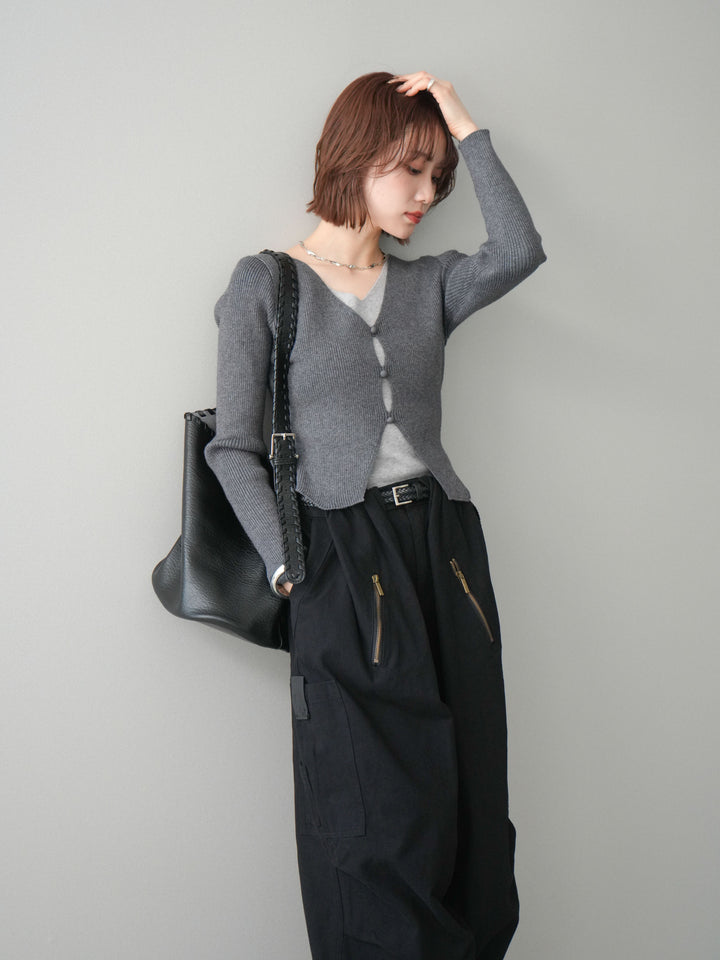 [予約]Vネック配色レイヤードスリットニットトップス/charcoal