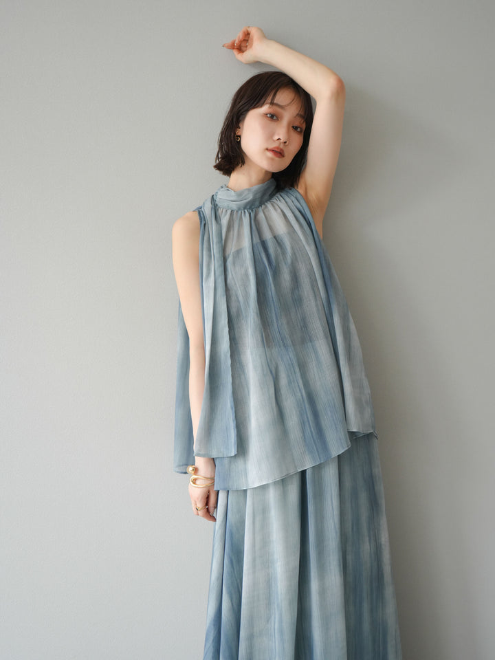 [SET]ニュアンスシアーホルターネックブラウス+ニュアンスシアーフレアスカート(2set)