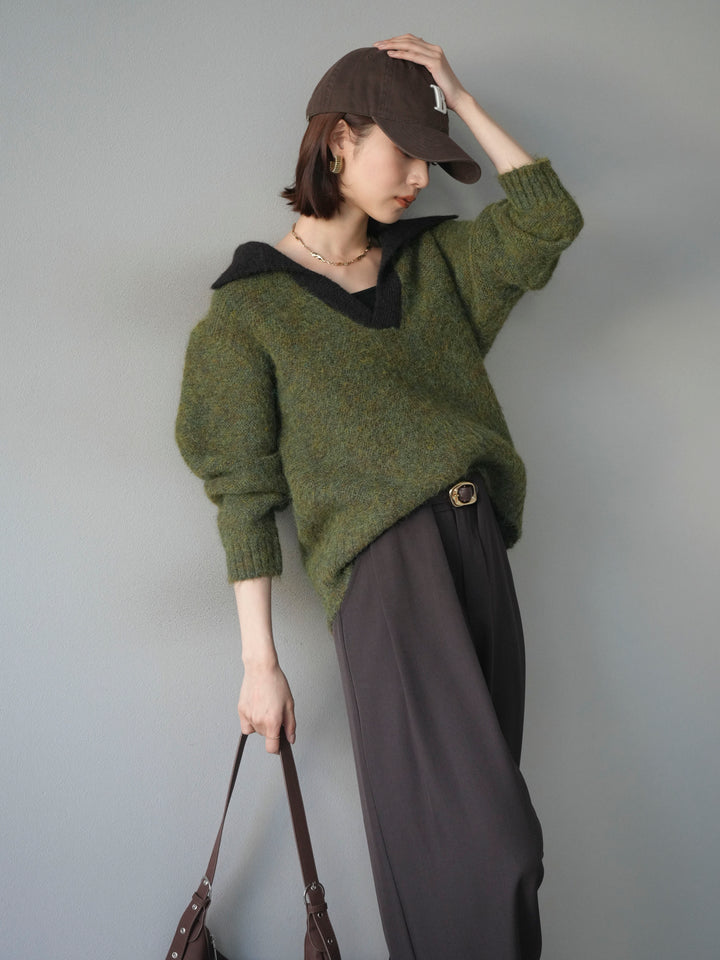 [SET]バイカラー襟付きニットプルオーバー+ベルトループデザインワイドパンツ(2set)