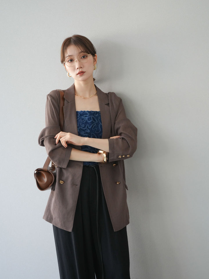 [SET] 金色扣環透視外套 + 滾邊花朵透視天鵝絨吊帶背心 + 繩紋腰帶麻感寬褲 (3 件套)