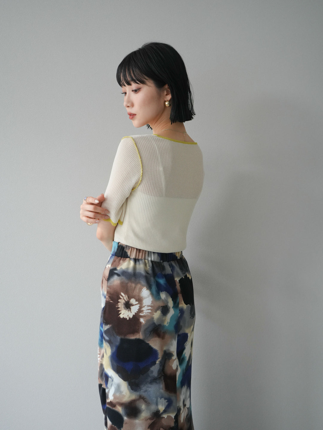 [予約]麻タッチ配色ニットハーフスリーブトップス/アイボリー