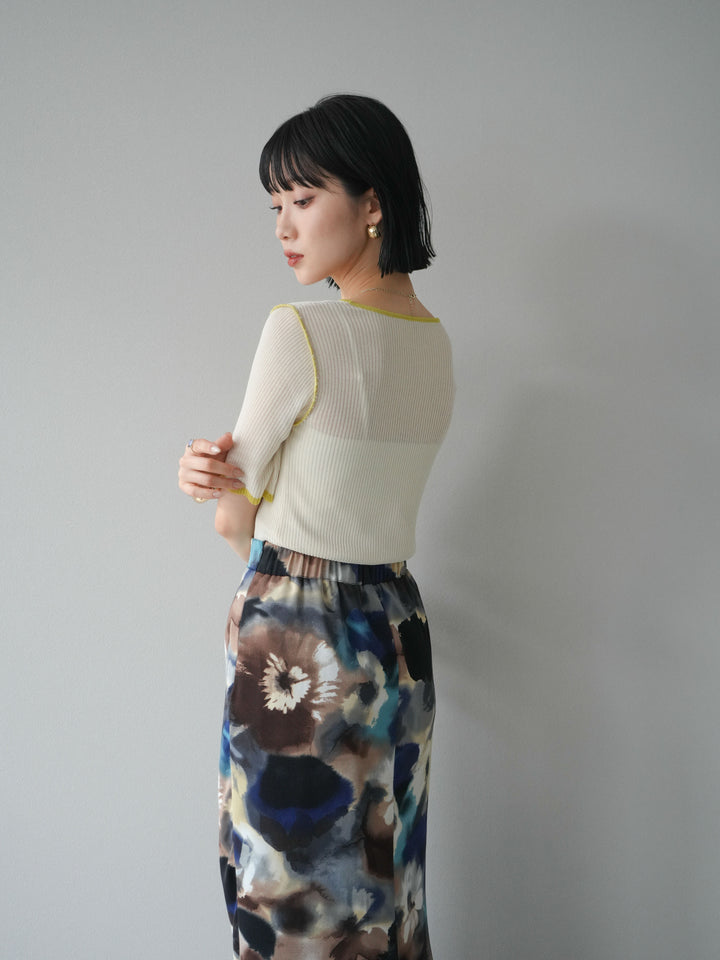 [予約]麻タッチ配色ニットハーフスリーブトップス/アイボリー