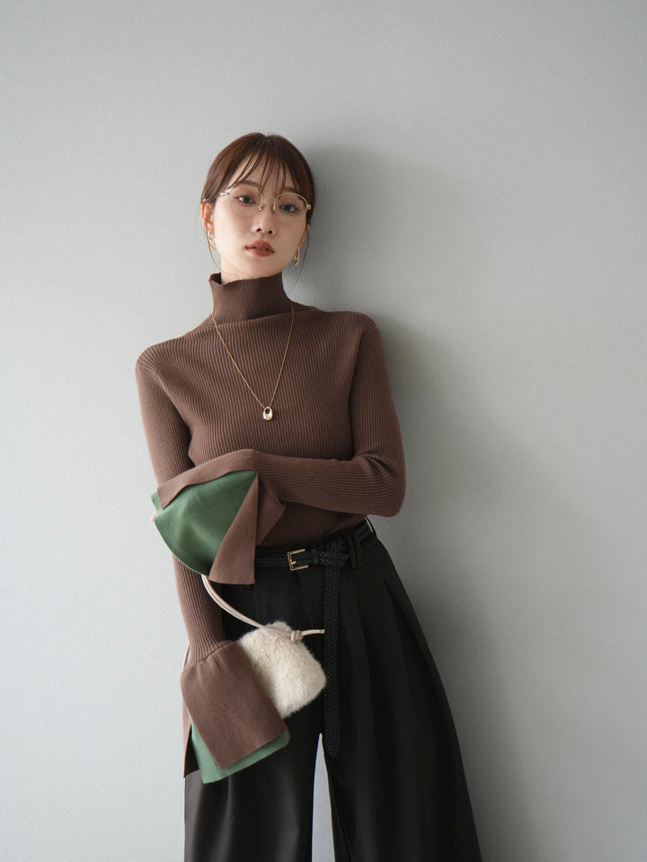 [SET] 疊層喇叭袖高領針織上衣 + 雙褶寬褲 (2 套)