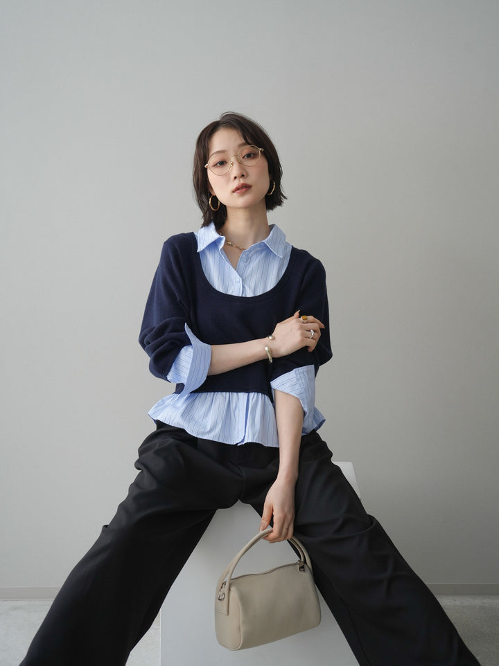 [SET]ストライプシャツUネックドッキングニットプルオーバー+選べるアクセセット(2set)