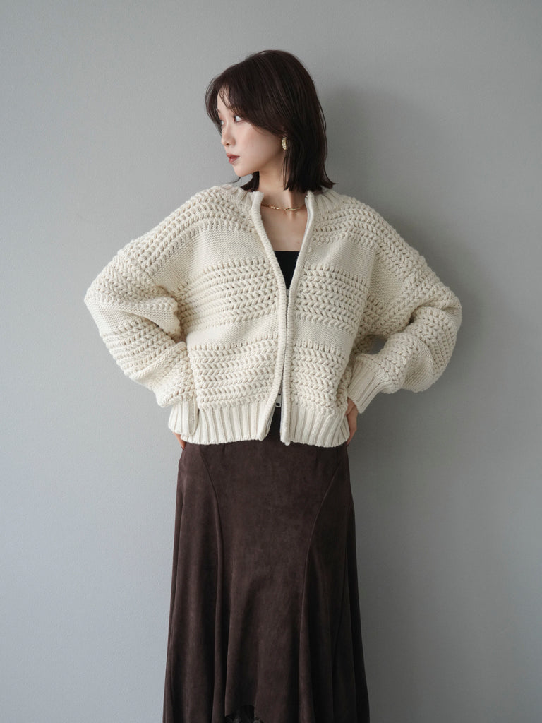 予約]ケーブル編みZIPニットカーディガン/ivory – Lumier