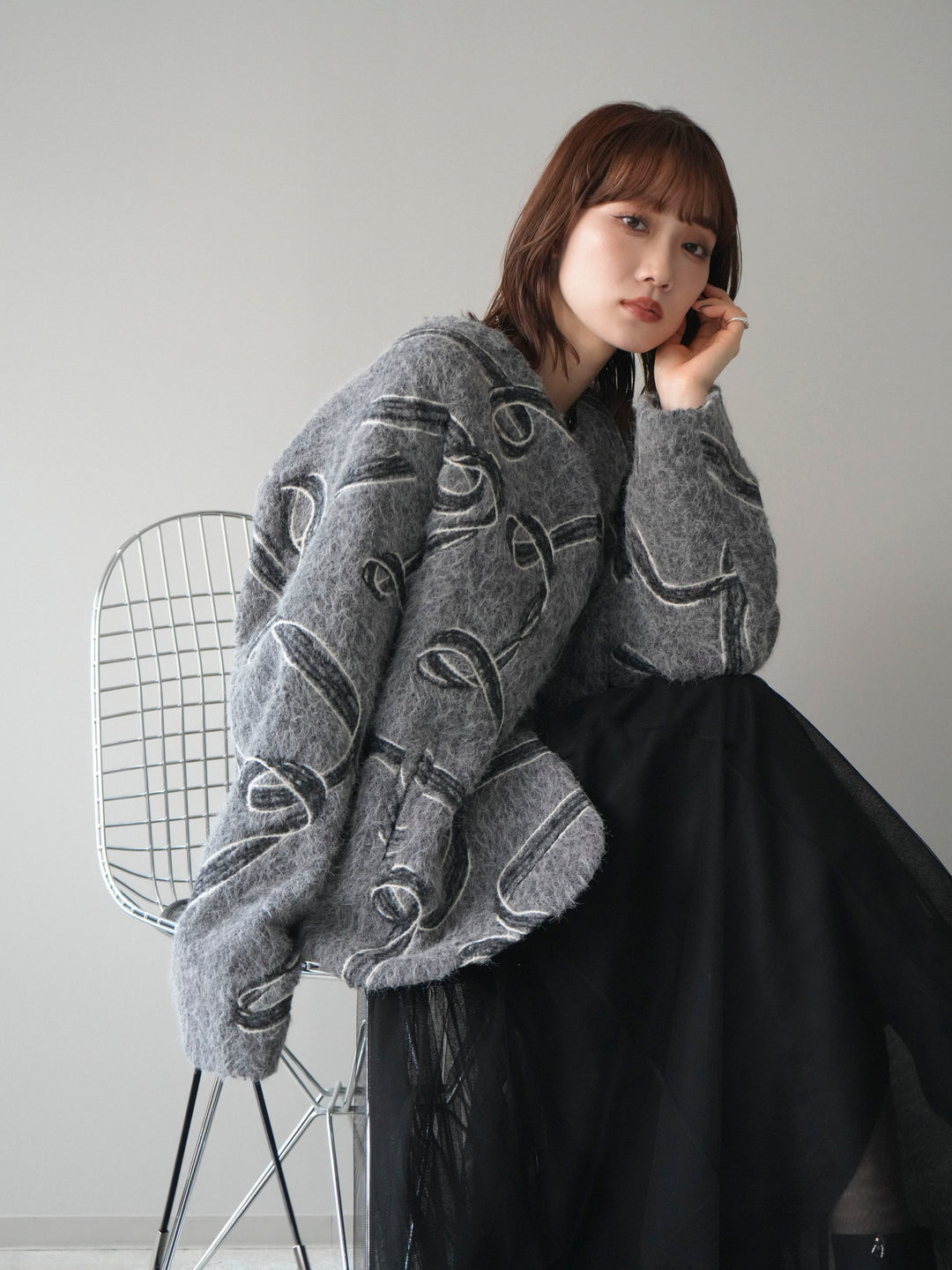 [予約]ニュアンス刺繍ブークレニットジャケット/gray
