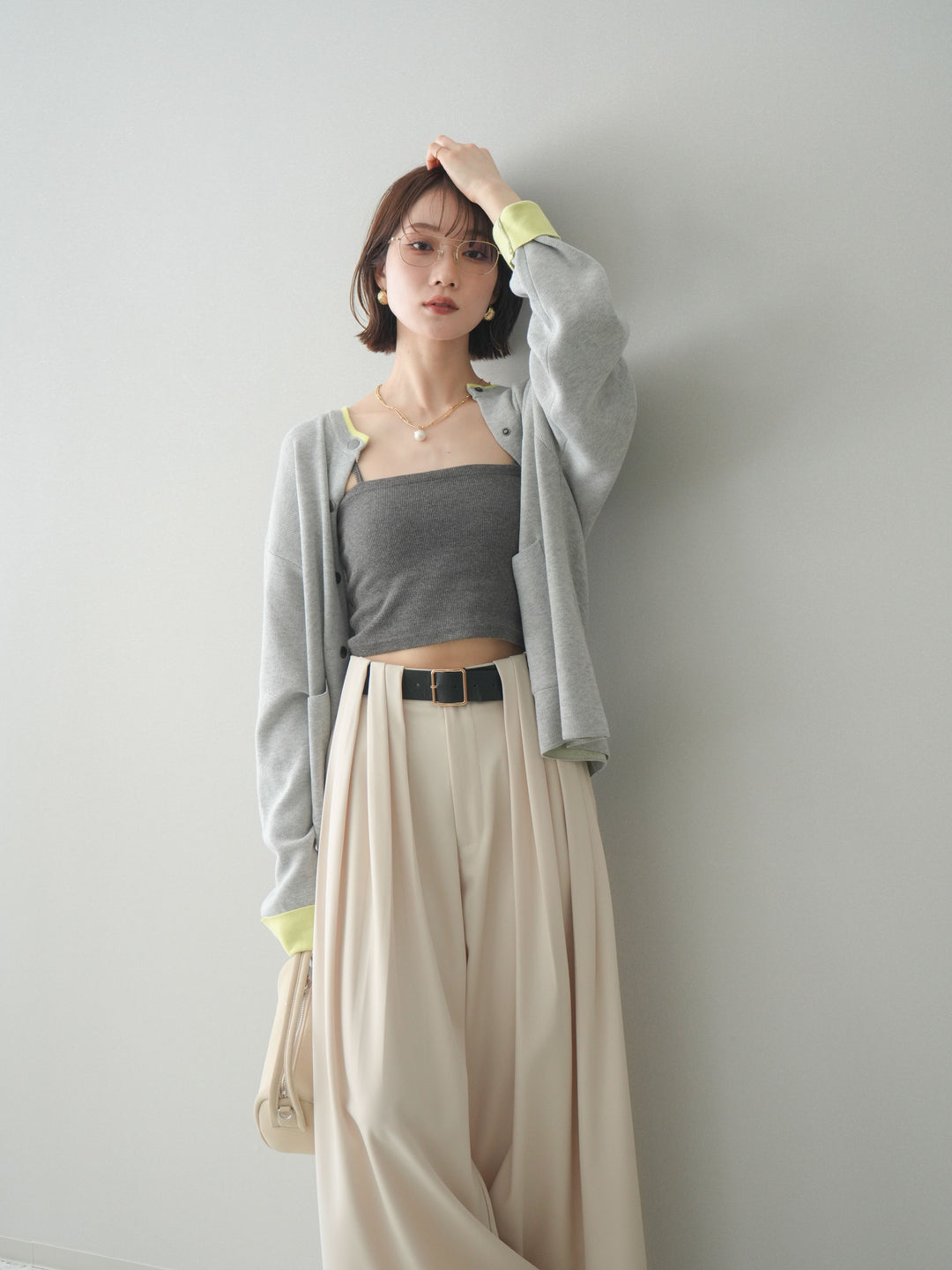 [SET]バイカラーオーバーニットカーディガン+タックベルトループワイドパンツ(2set)