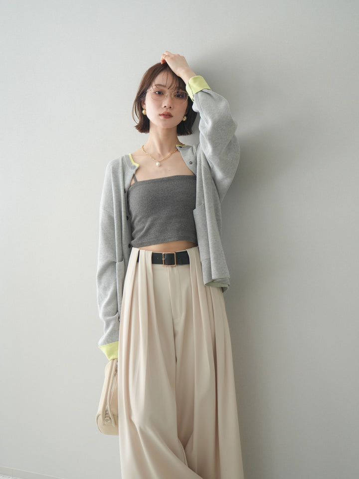 [SET]バイカラーオーバーニットカーディガン+タックベルトループワイドパンツ(2set)