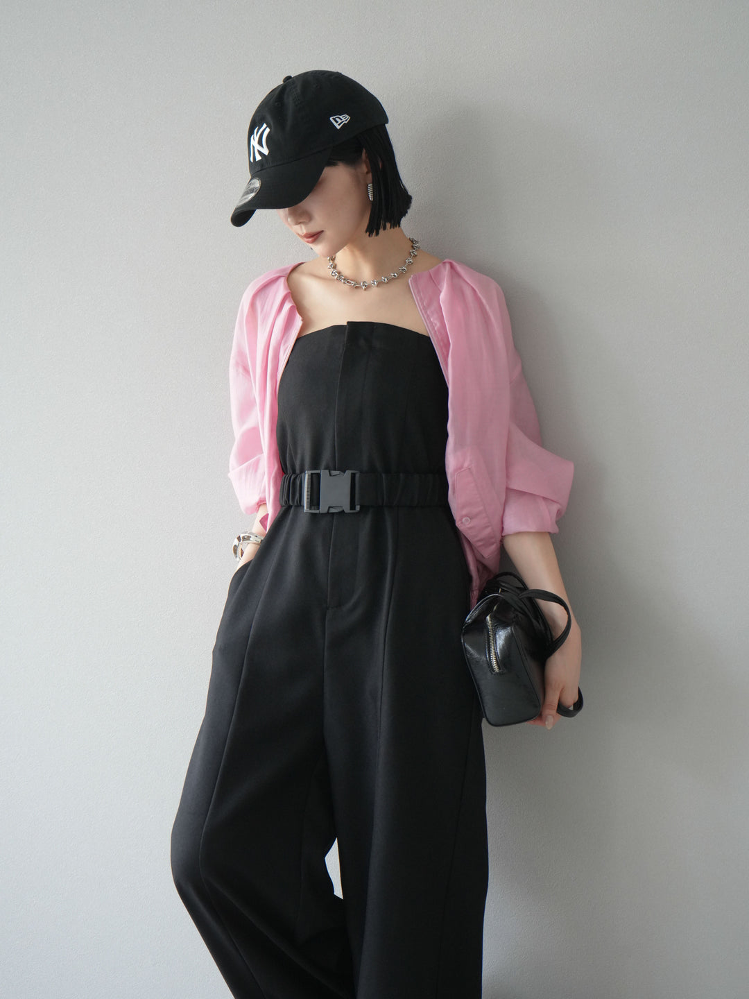 [SET]タックデザインシアーブルゾン+ヘザーツイルベルト付ベアサロペット(2set)