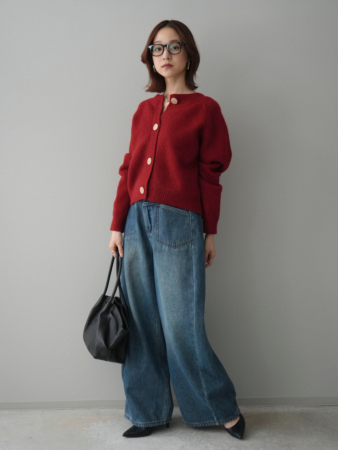 [SET]BIGボタンニットカーディガン+ベルト付裏起毛カーブデニムパンツ(2set)