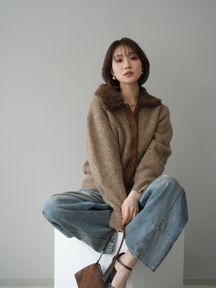 [SET]襟ボアミックスヤーンニットカーディガン+ベルト付カーブデニムパンツ(2set)