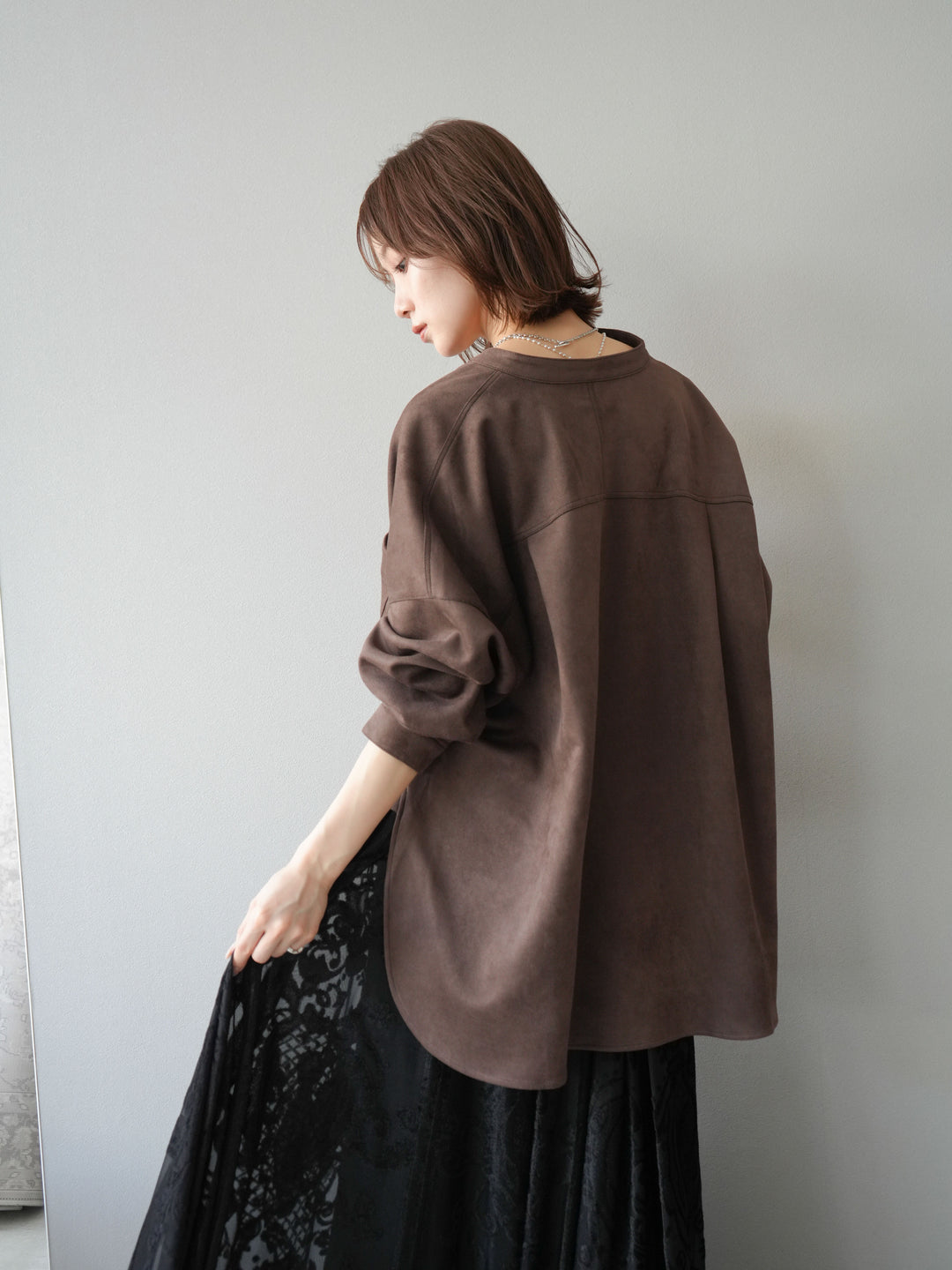 [予約]スエードバンドカラーオーバーシャツ/ダークブラウン