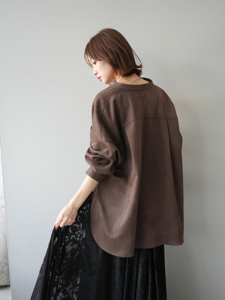 [予約]スエードバンドカラーオーバーシャツ/ダークブラウン