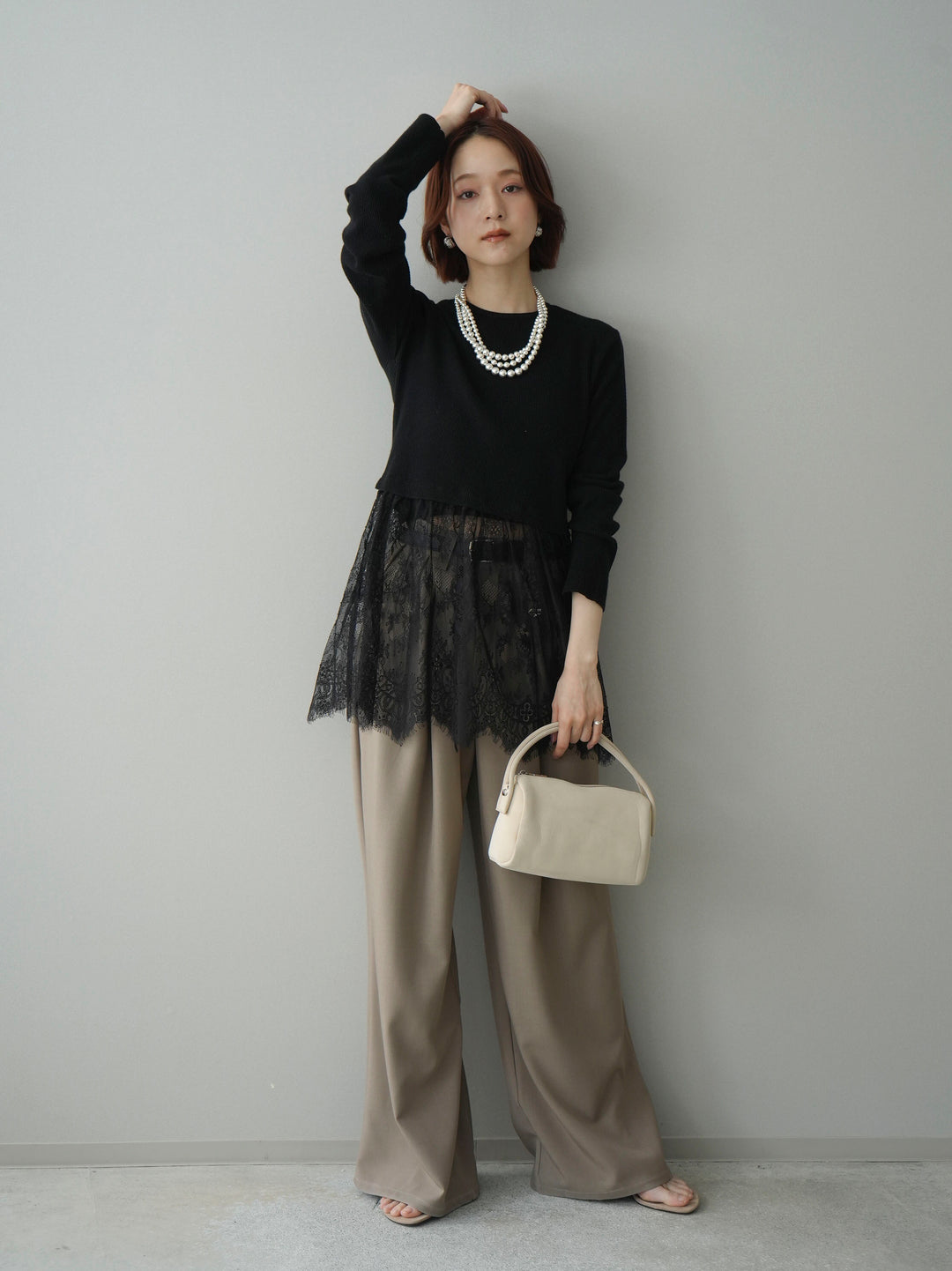 [SET]クルーネックレースドッキングリブニットトップス+ベルト付キーホルダーモチーフワイドパンツ(2set)