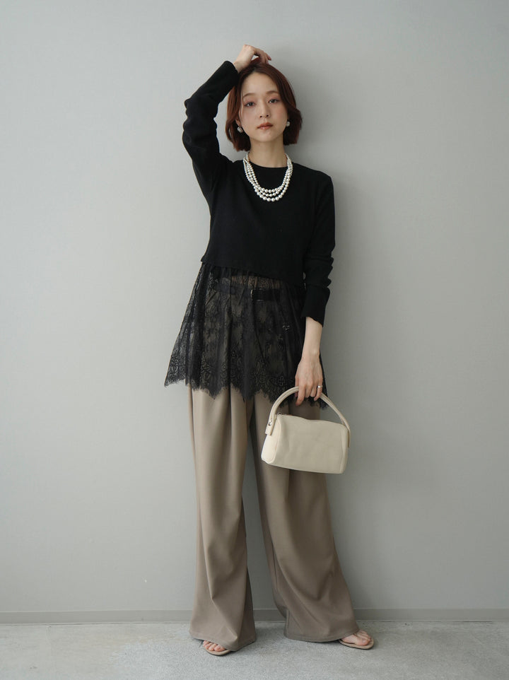 [SET]クルーネックレースドッキングリブニットトップス+ベルト付キーホルダーモチーフワイドパンツ(2set)