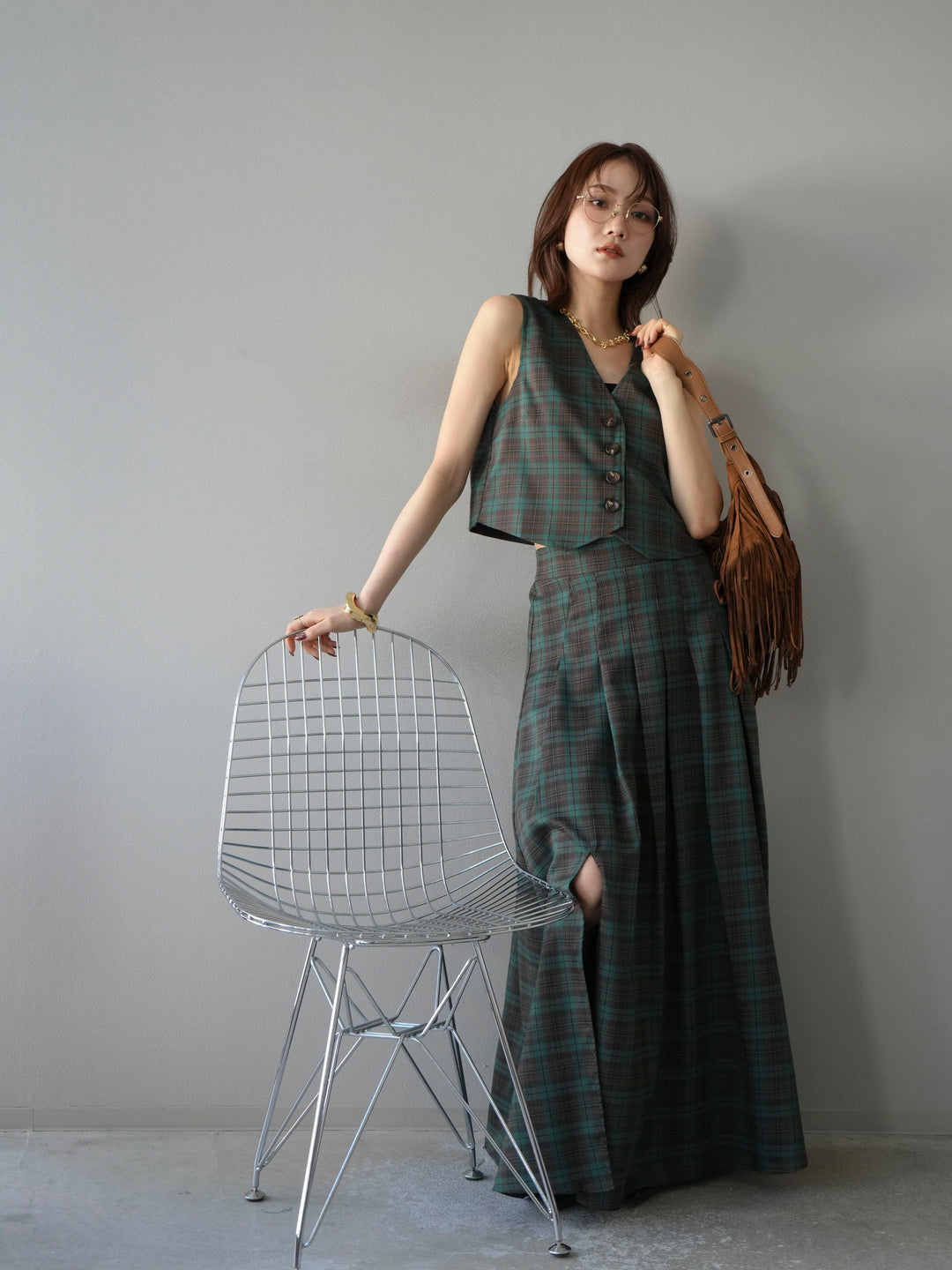 [予約]チェック柄ベスト/グリーン