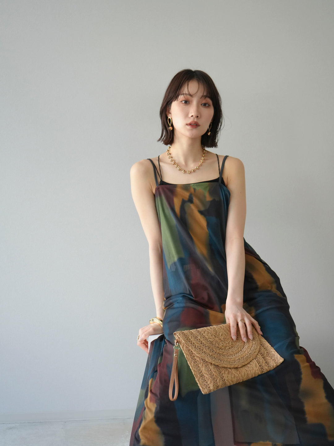 [SET]水彩アートシアーキャミワンピース+カップ付きバッククロスキャミソール(2set)