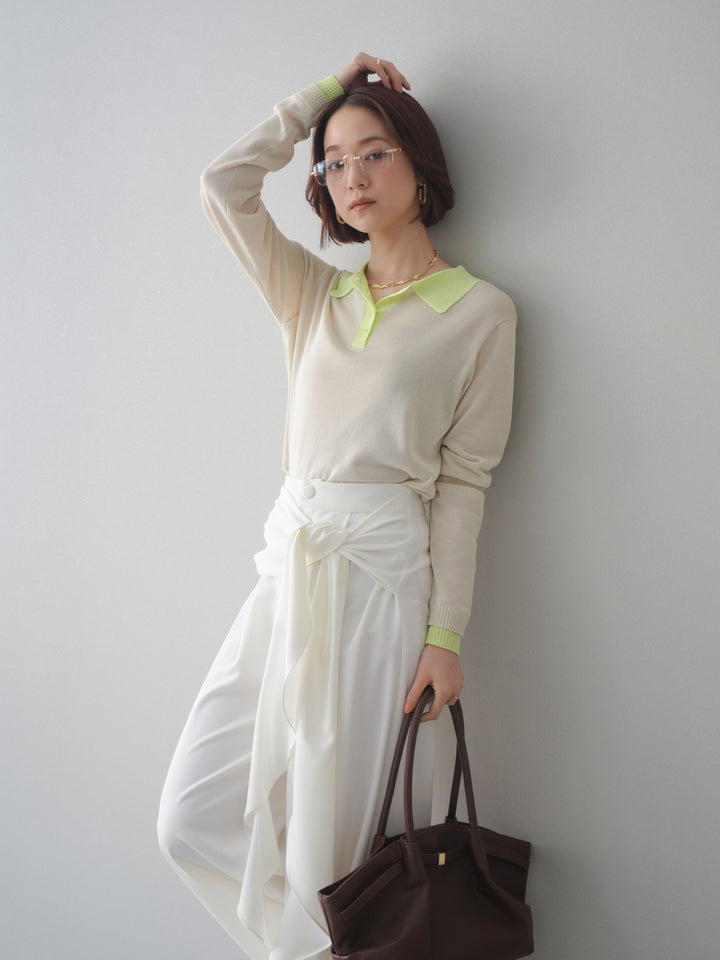 [SET]配色デザインシアーポロニット+ラッフルベルトワイドパンツ(2set)