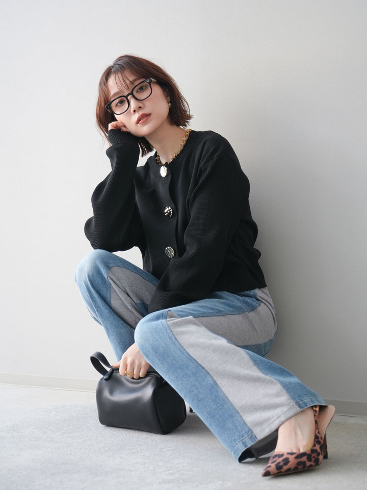 [SET]メタルボタンクルーネックニットカーディガン+デニム切替スウェットパンツ(2set)