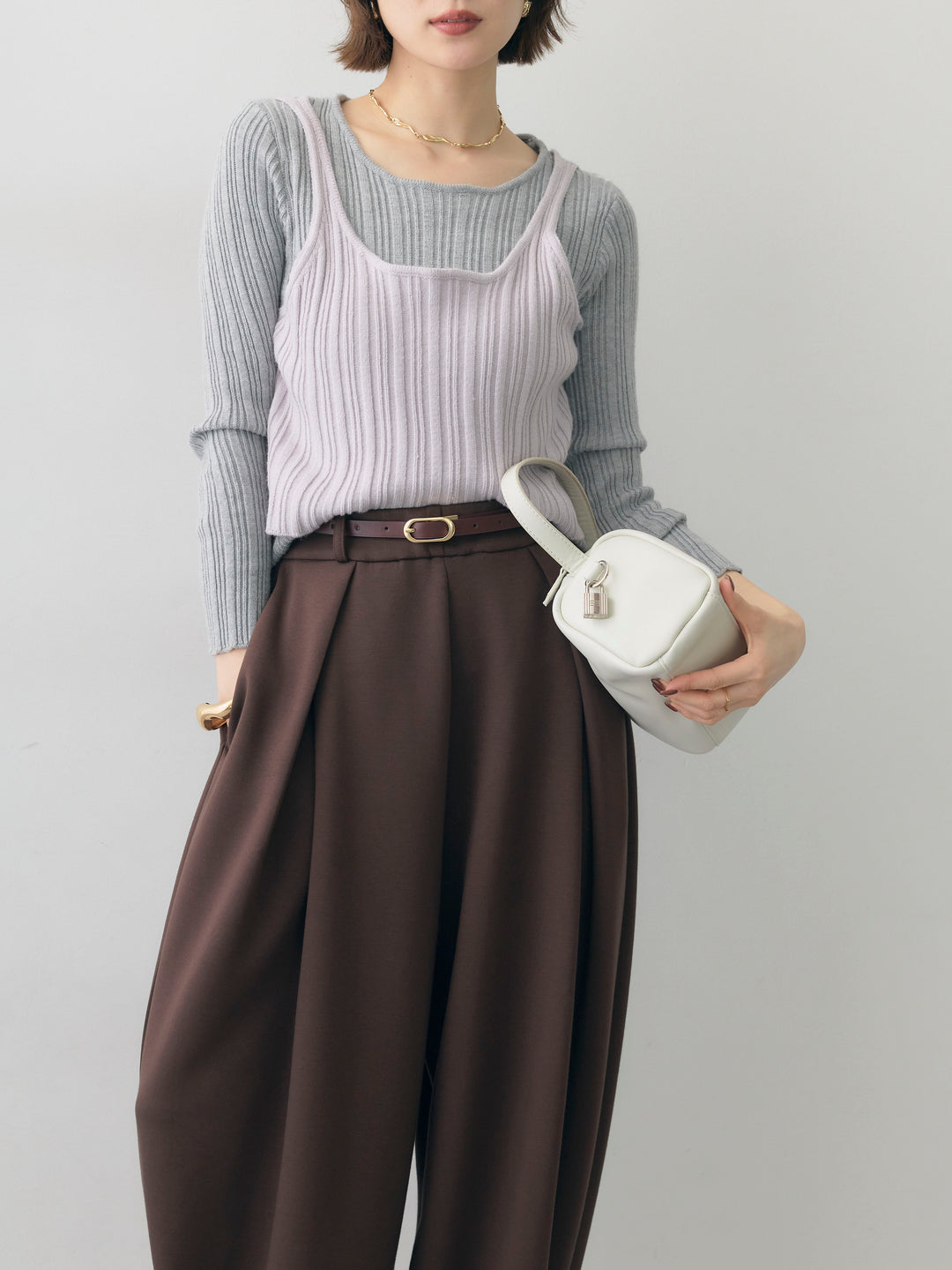 [予約]レイヤードデザインランダムリブニットトップス/gray