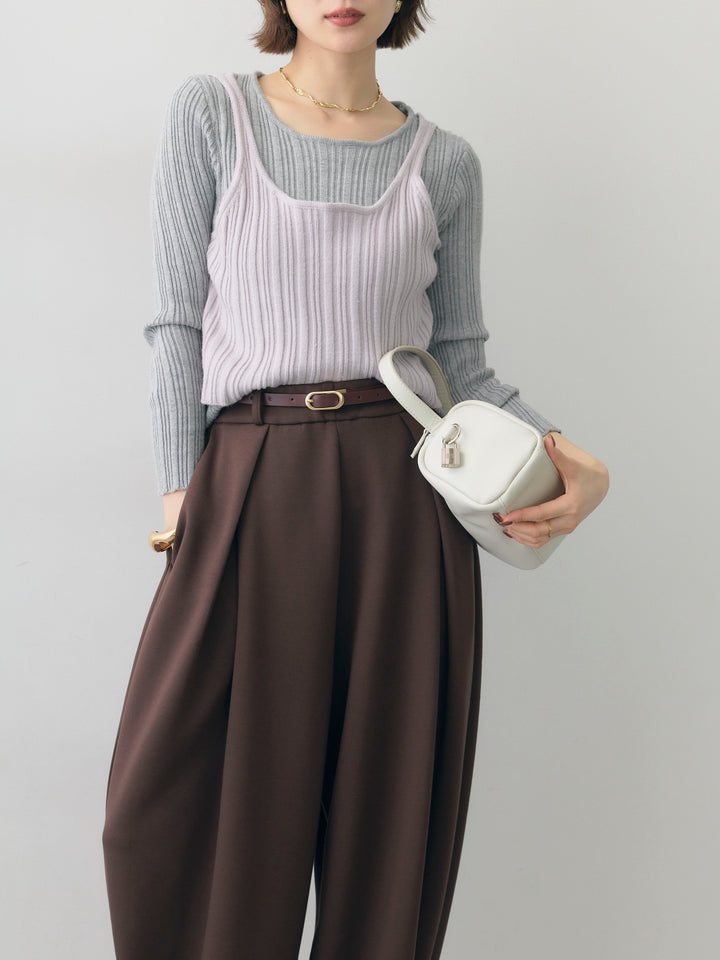 [予約]レイヤードデザインランダムリブニットトップス/gray