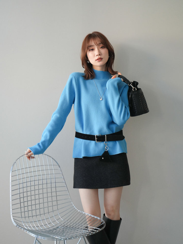 [予約]ボトルネック裾カールリブニットトップス/blue