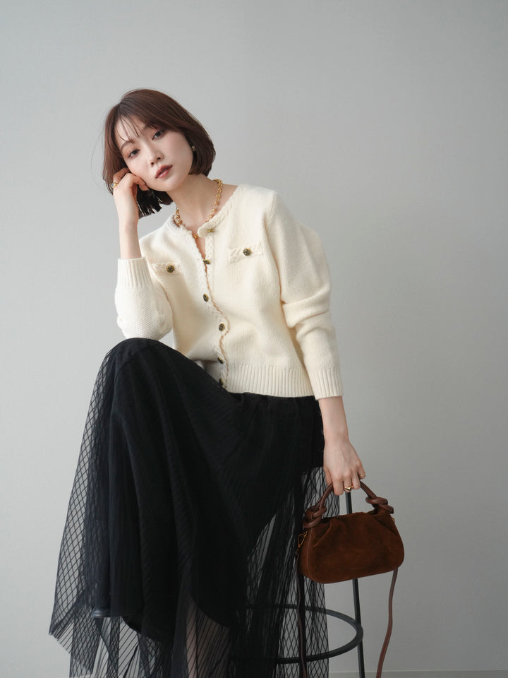[SET]編みこみアンティークボタンニットカーディガン+チュールストライプボリュームスカート(2set)