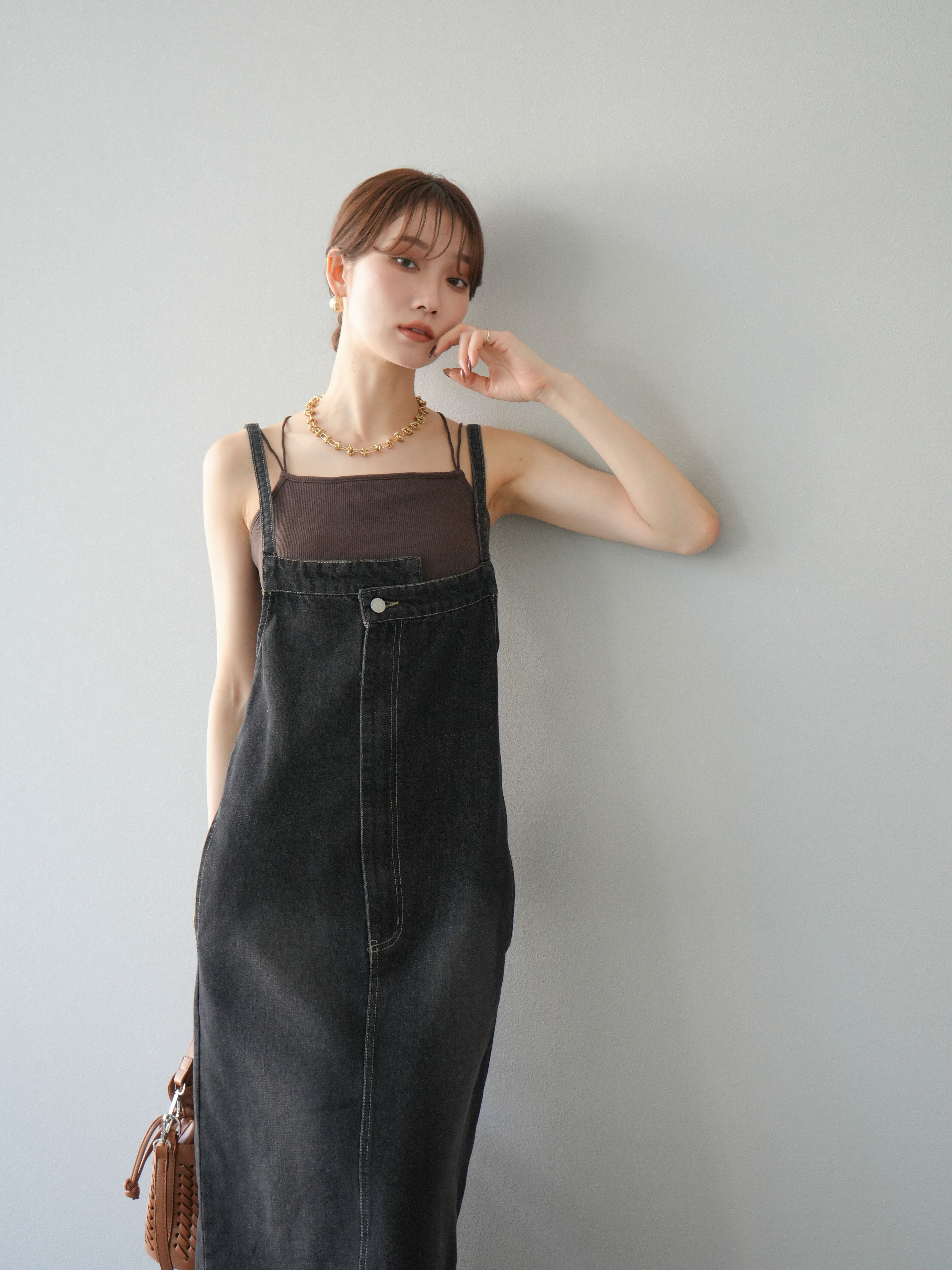 SET]アシンメトリーデニムワンピース+カップ付きバッククロス