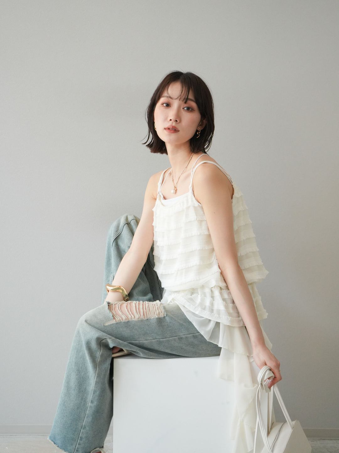 【預購】荷葉邊流蘇吊帶衫/象牙白