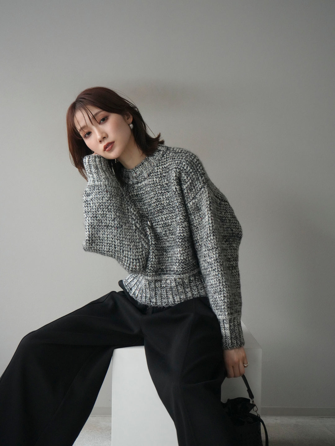 [予約]ボリュームスリーブミックスネップニットプルオーバー/gray