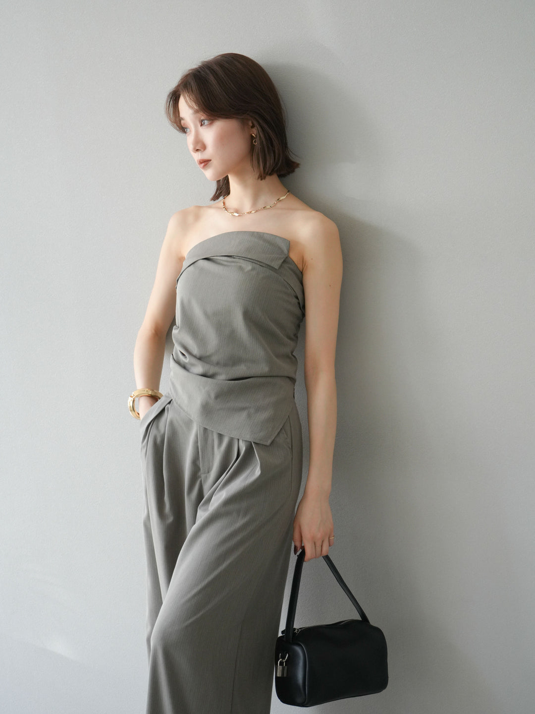 [SET] 條紋褶襉露肩上衣＆寬褲 SET UP (2set)