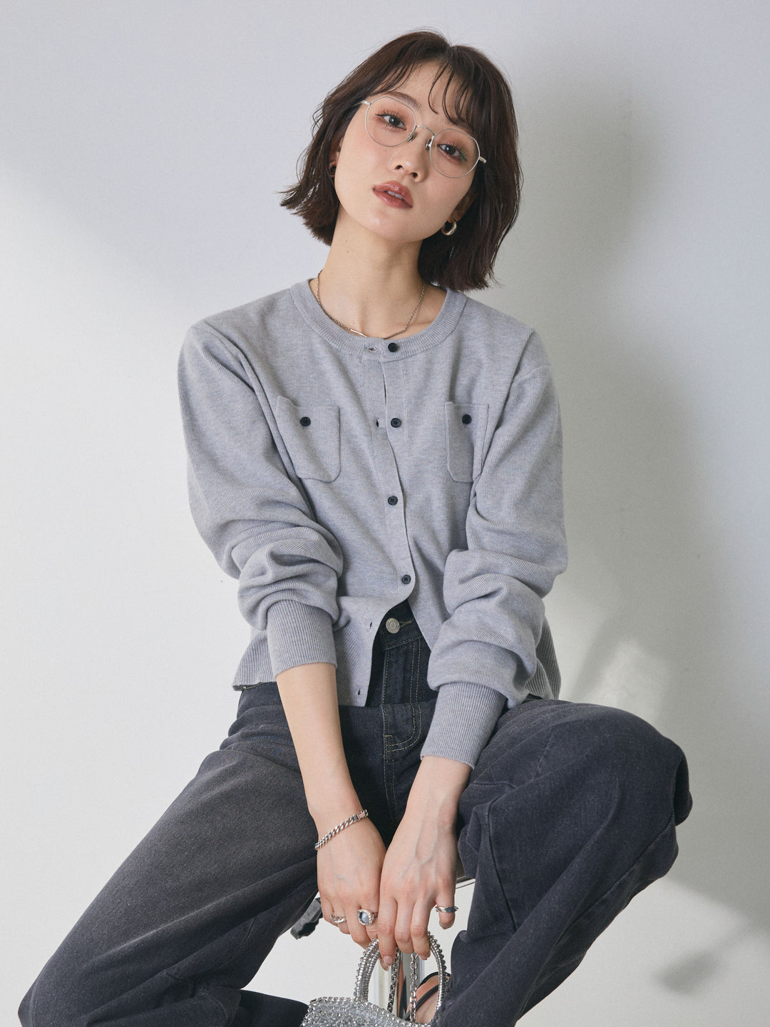 【Allure】[SET]ミニポケットニットカーディガン+アシメカーブデニムパンツ(2set)