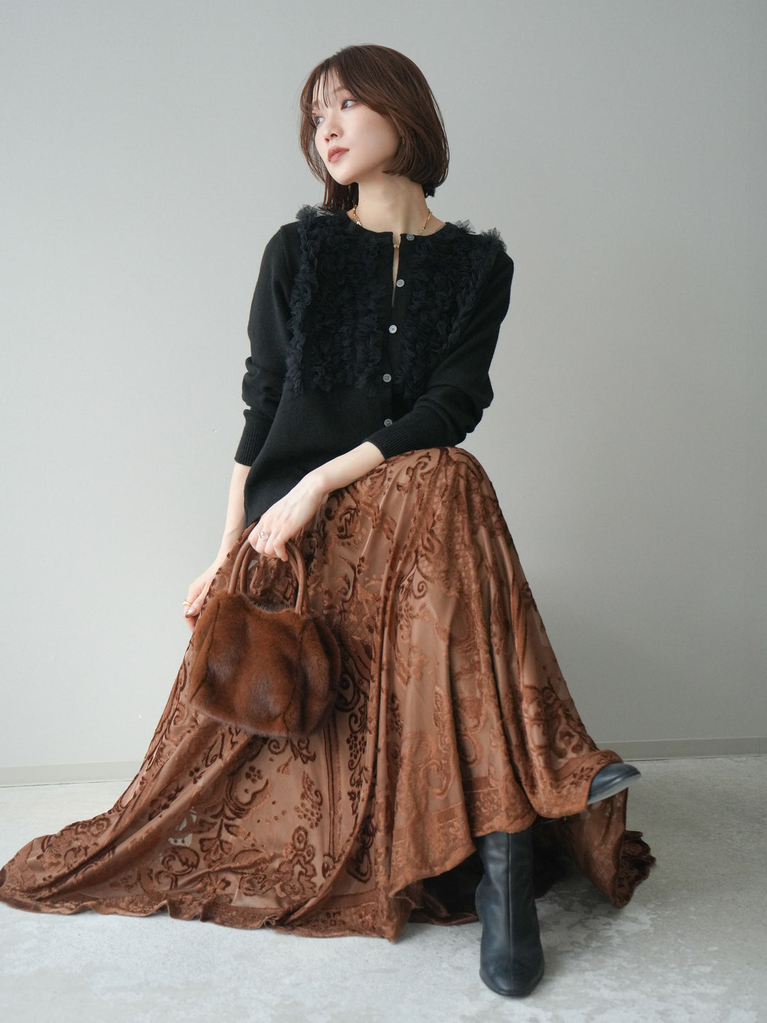 [SET]チュールフリルニットカーディガン+アンティーク柄フロッキーマキシスカート(2set)